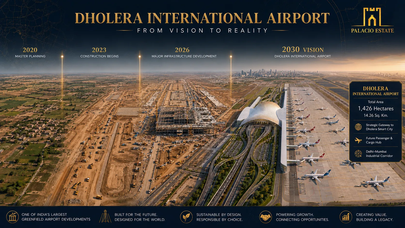 Visualisation of the planned Dholera International Airport terminal and apron