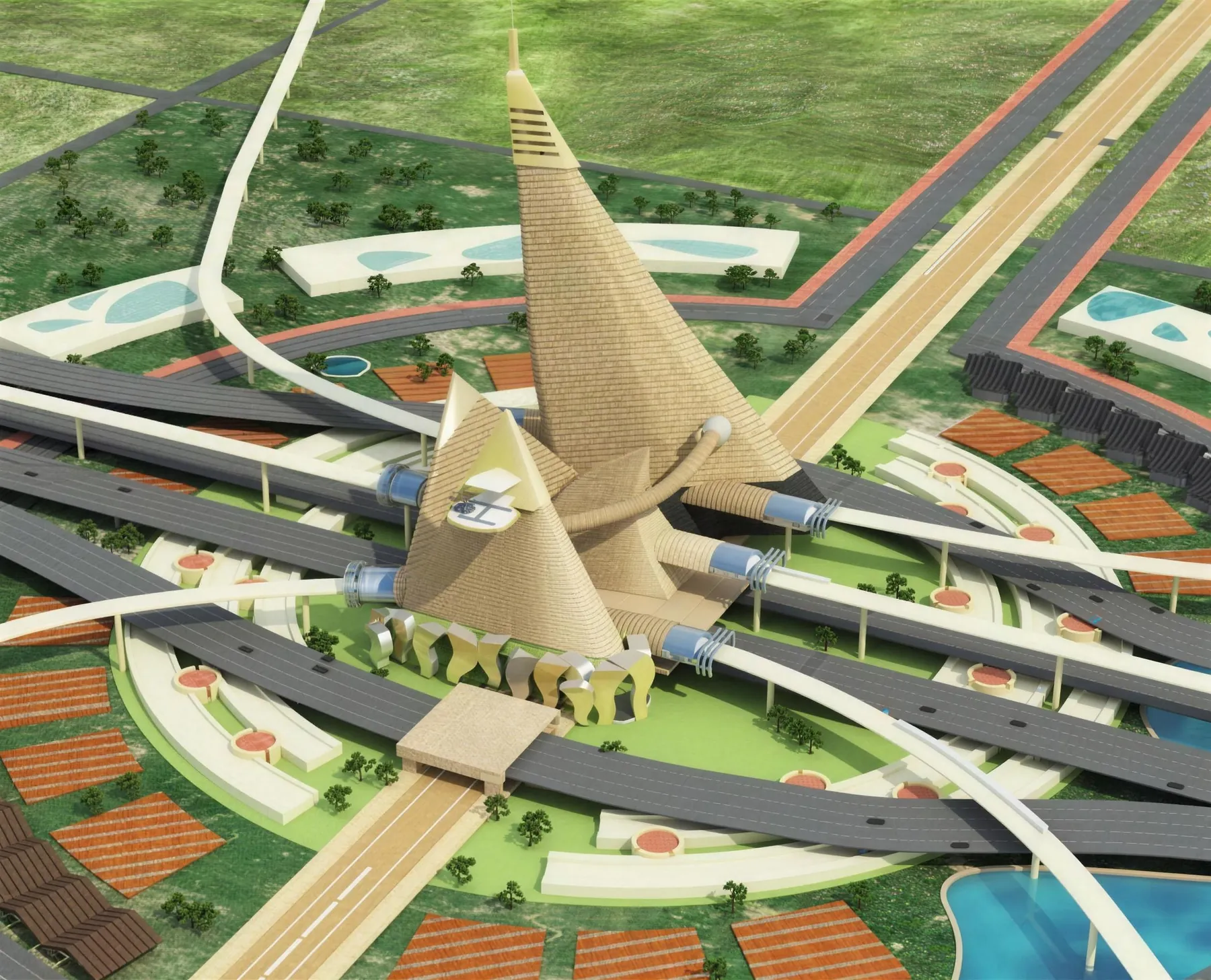 Concept render of the planned Dholera city centre, a cluster of tall cone shaped towers where elevated roads and a transit line meet
