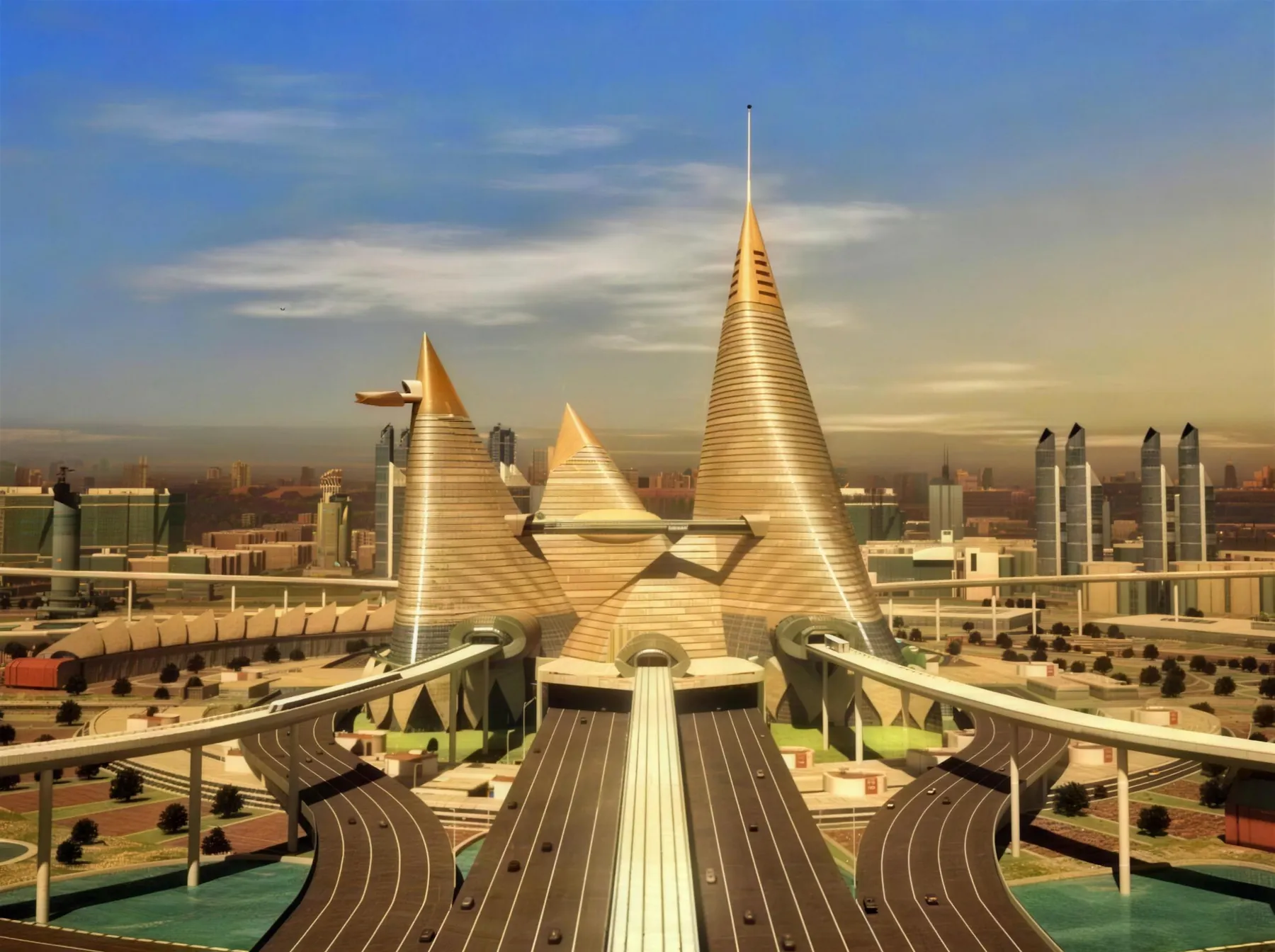 Concept render of the Dholera city centre towers seen down the expressway, with a skyline of high rise buildings behind
