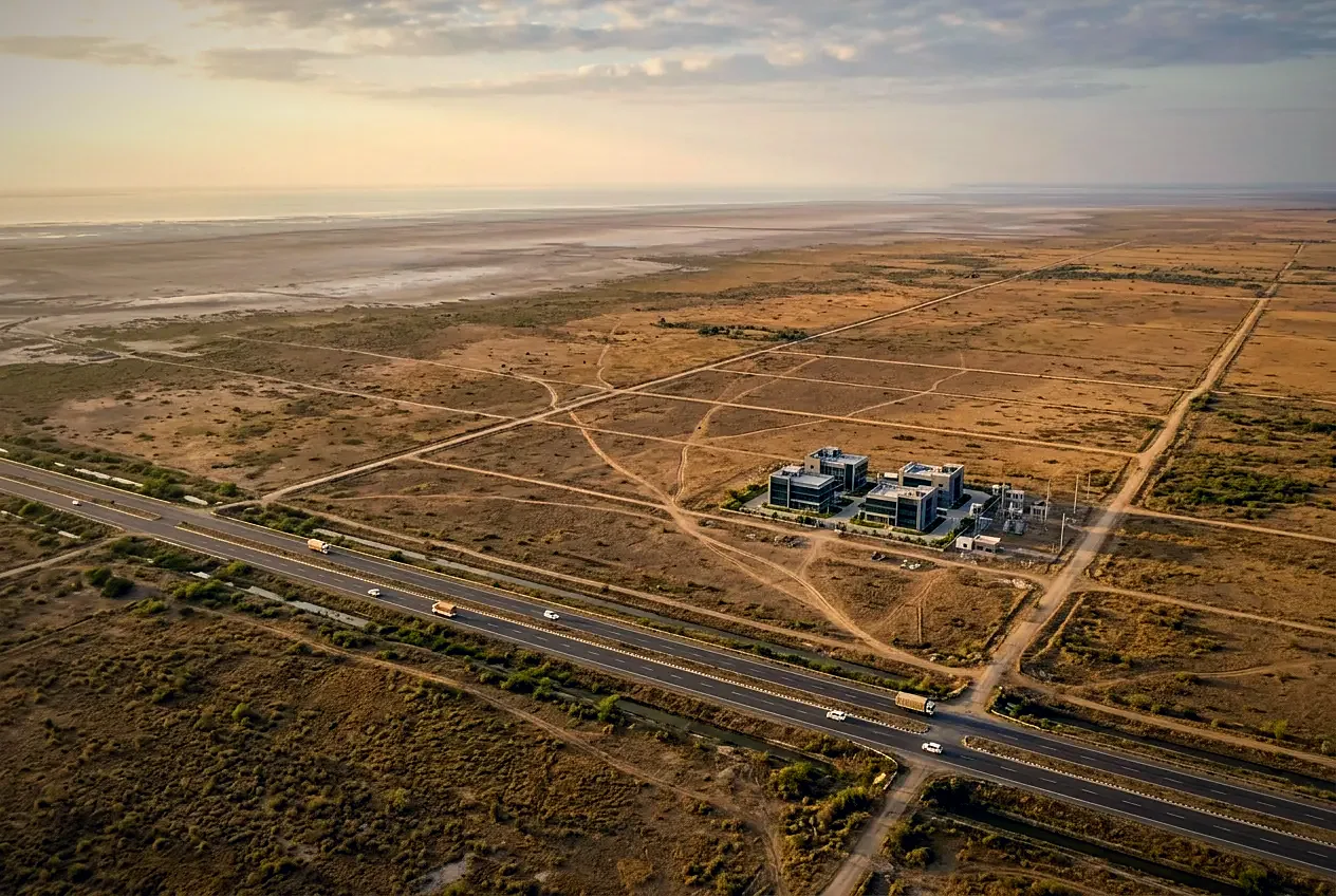 Aerial view of the flat, open land of the Dholera region, with a highway along one edge and a small cluster of new buildings
