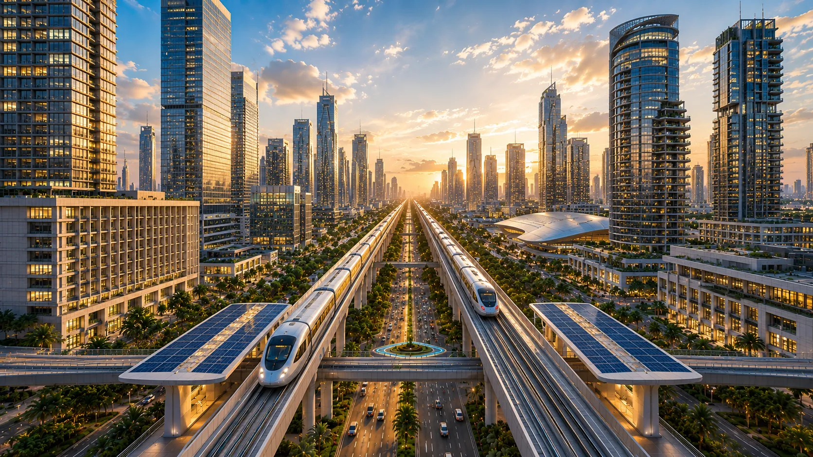 Illustration of an elevated metro line running between high rise towers