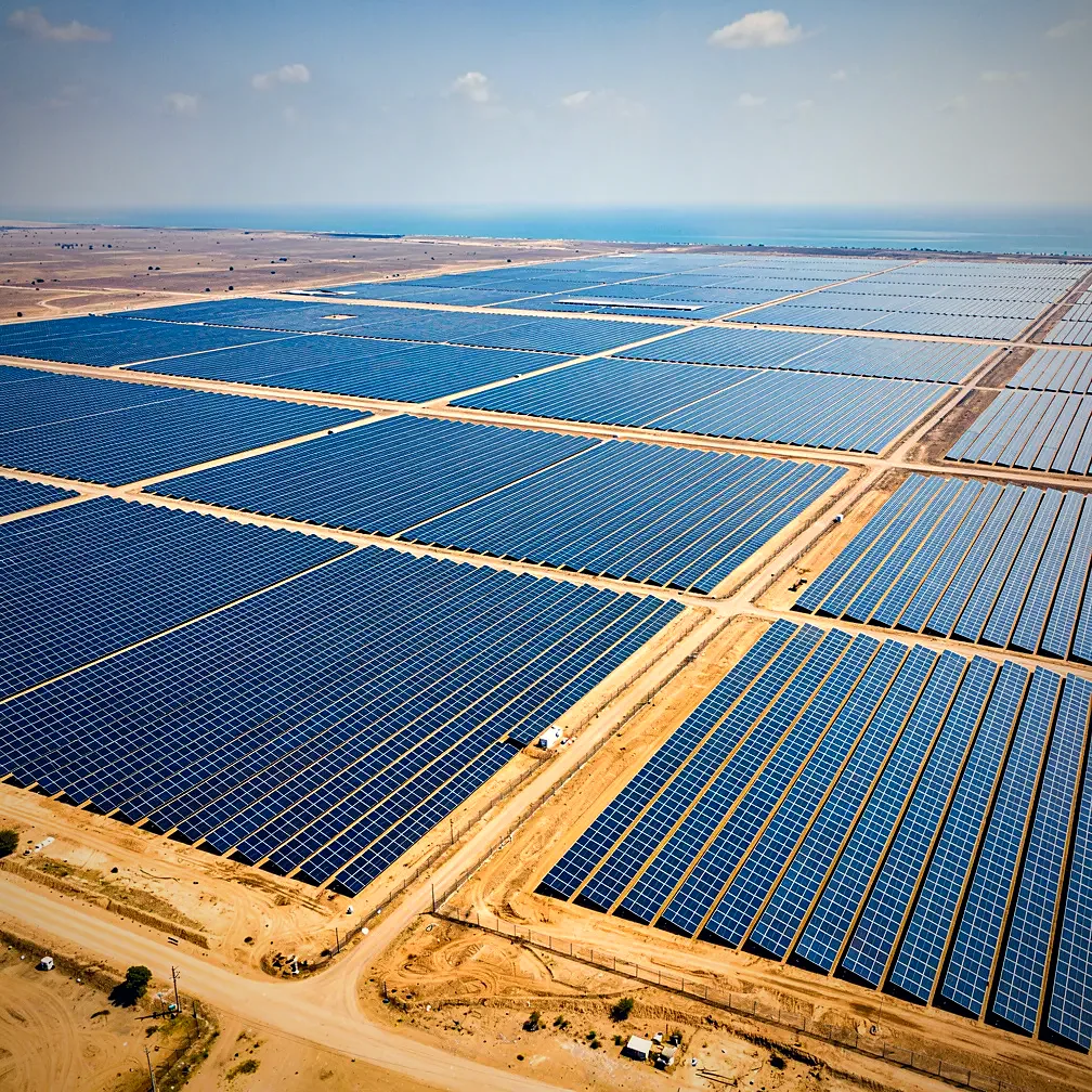 Aerial view of solar panels at the Dholera solar park