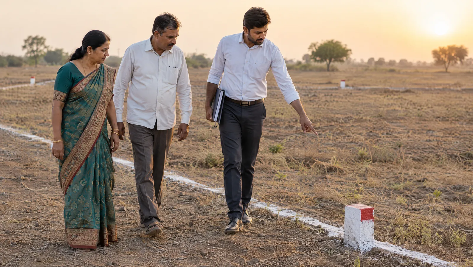 A land advisor walking a couple across a demarcated plot and pointing out a boundary marker