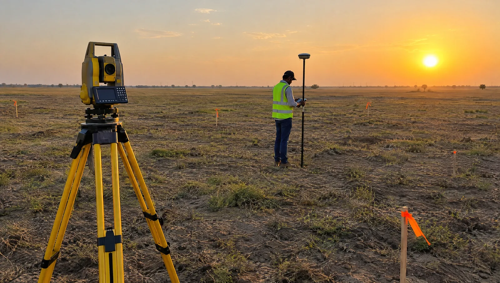A surveyor measuring a large open land parcel with a GNSS rover and a total station
