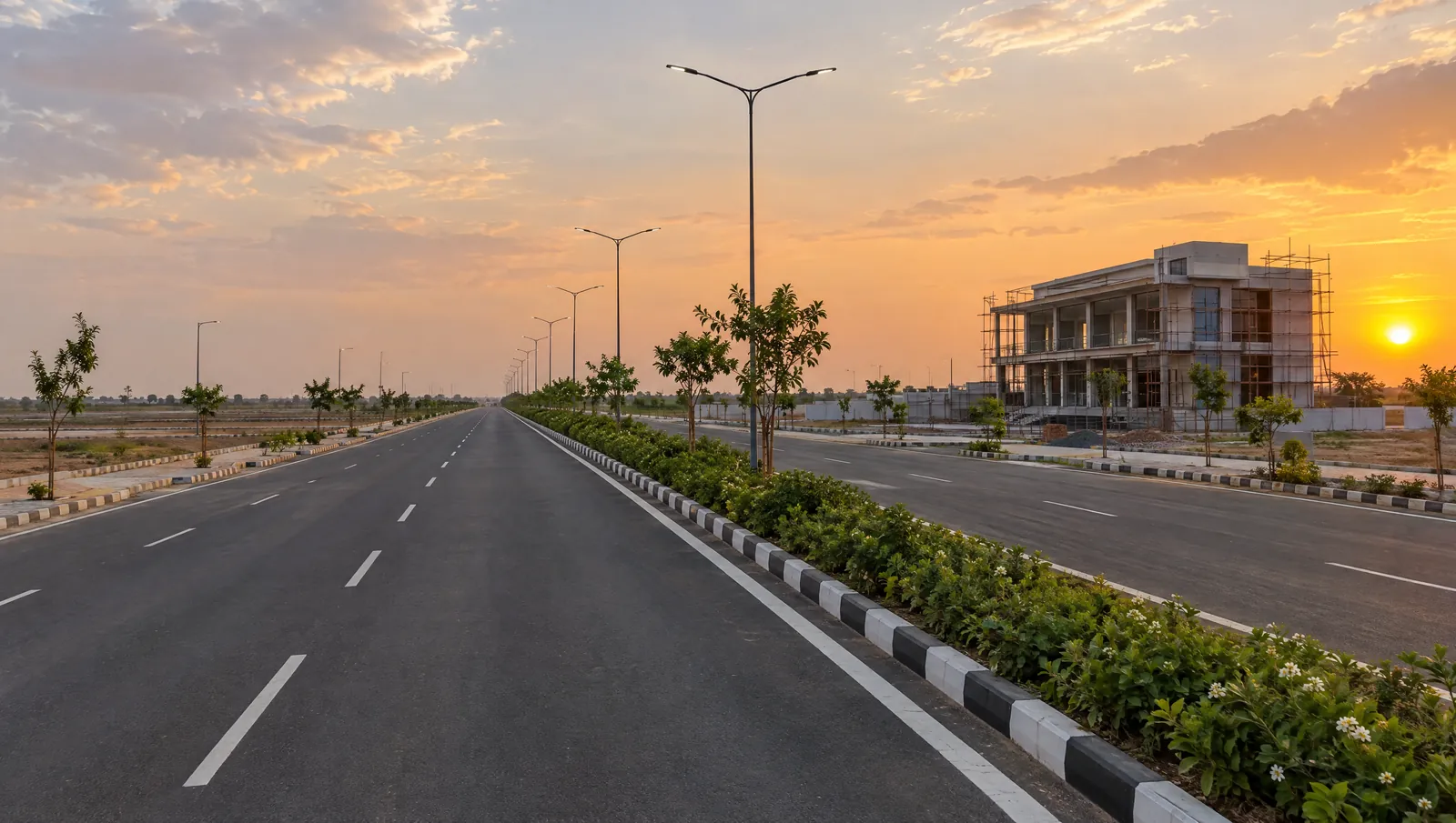 A wide new arterial road with a planted median and streetlights, with serviced commercial plots and a building under construction alongside
