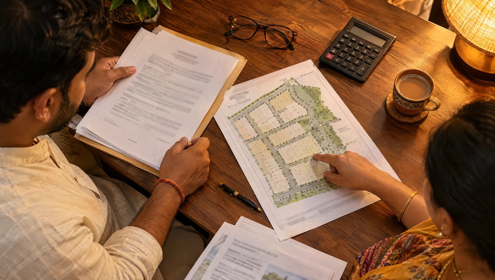 A couple going through property documents and a printed plot layout at a desk