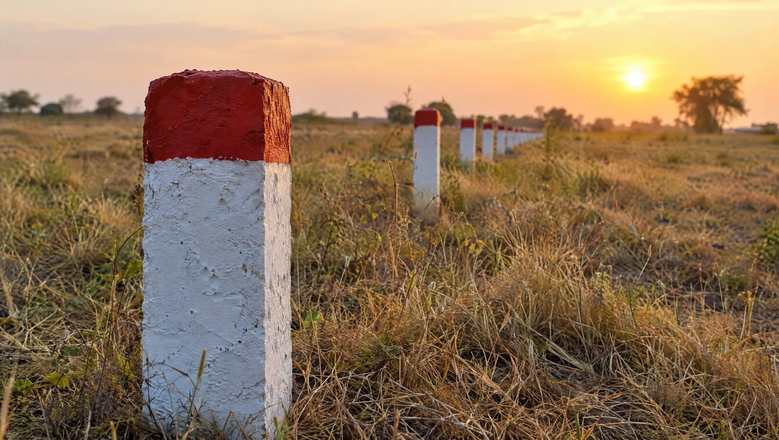 A line of painted concrete boundary pillars marking plot corners across open land