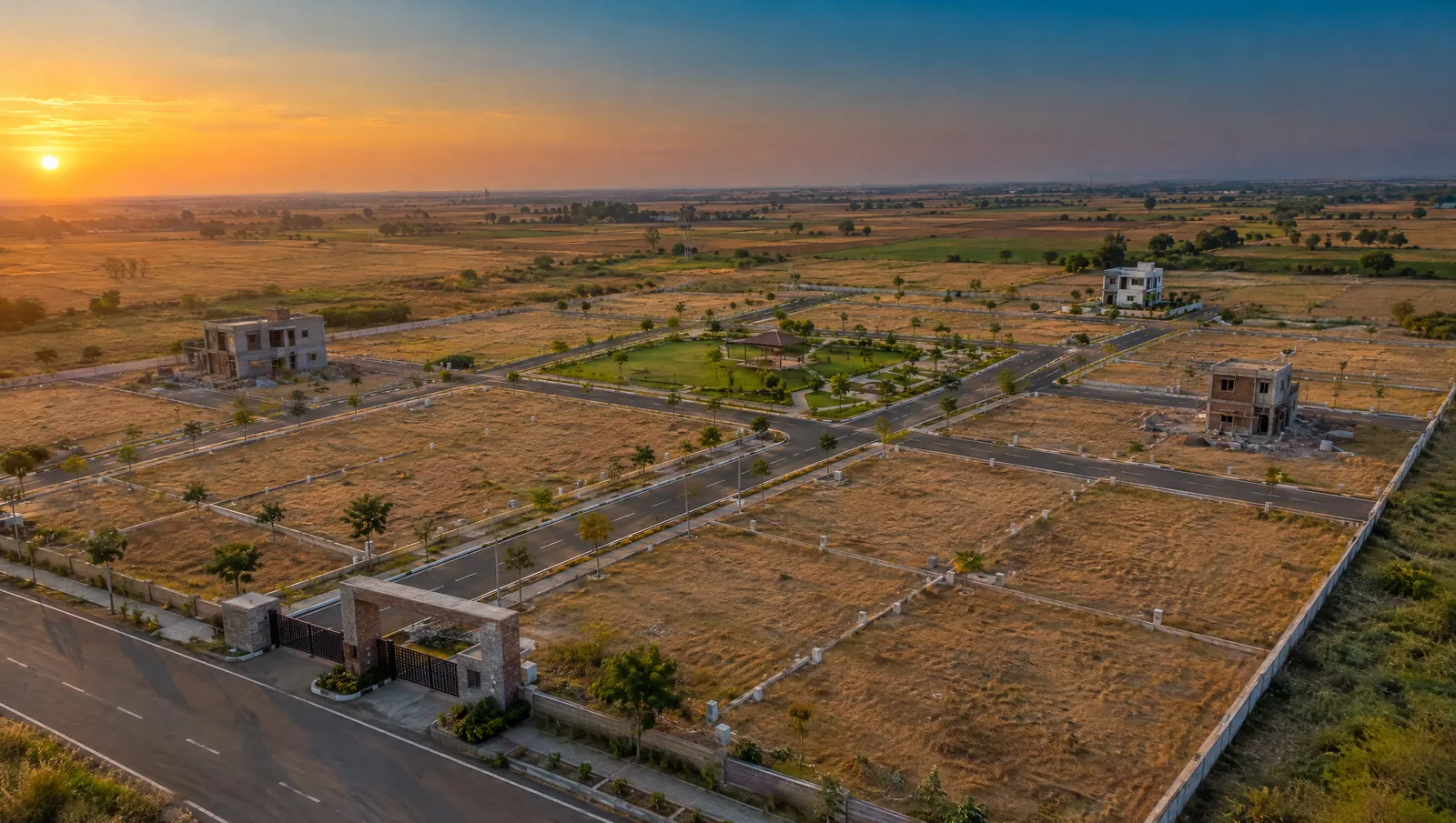 Aerial view of a gated residential plot layout with internal roads, demarcated plots, a central garden and an entrance gate