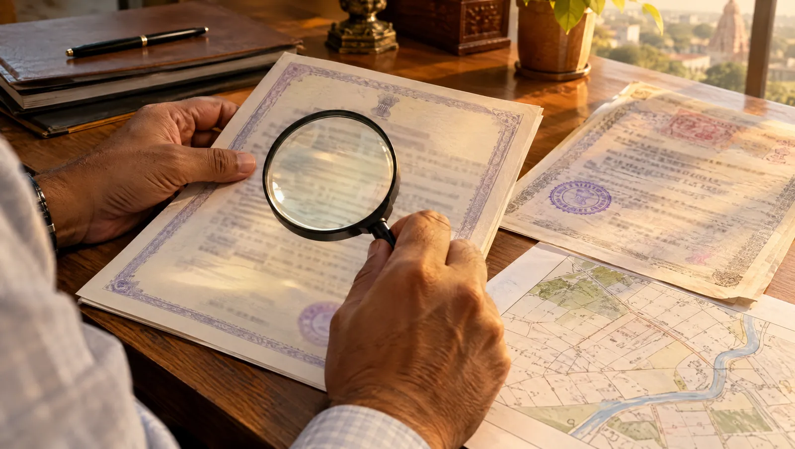 Checking a land title document with a magnifying glass beside a site map