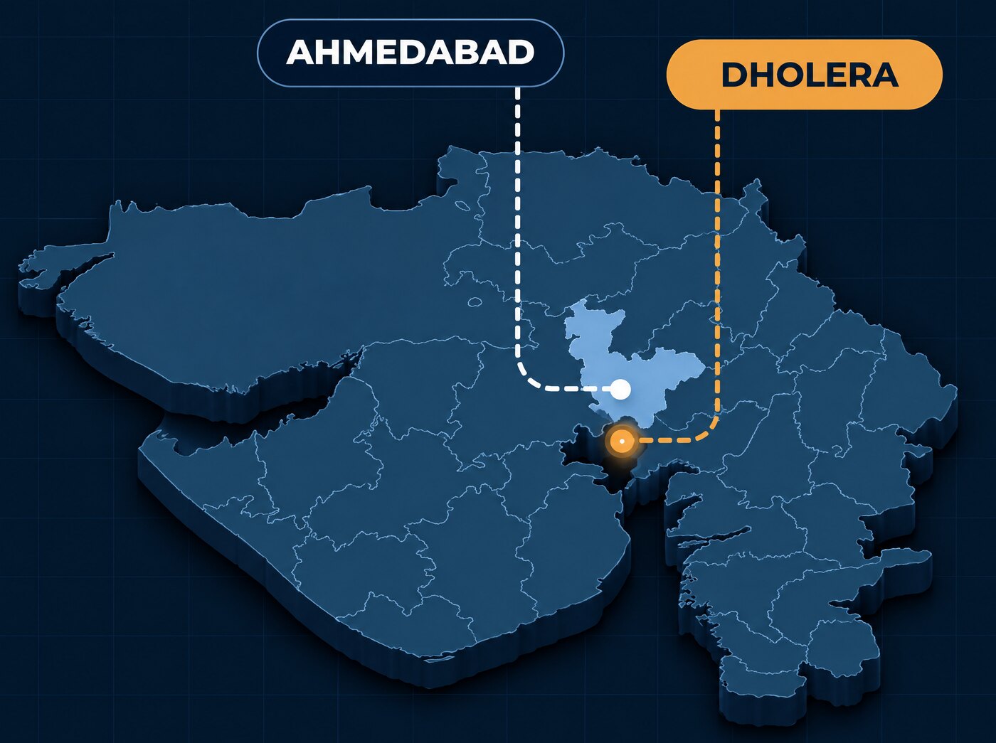 Map of Gujarat showing Ahmedabad and Dholera about 100 km apart