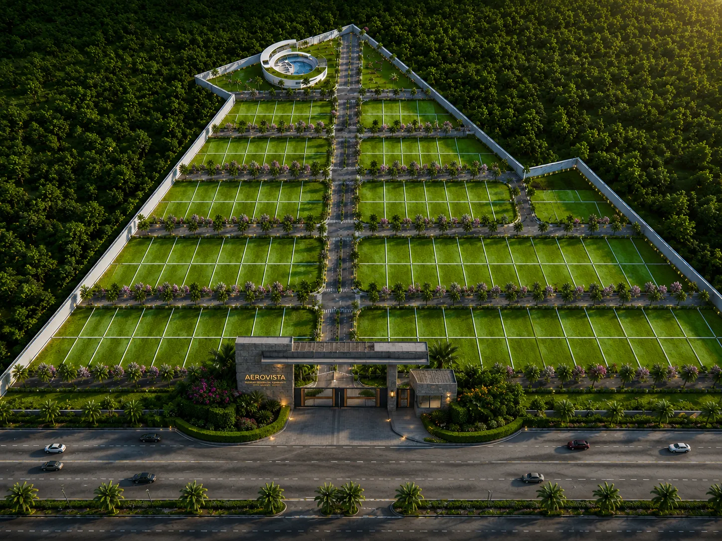 Aerial impression of the AeroVista layout showing 207 plots, internal roads and common green areas