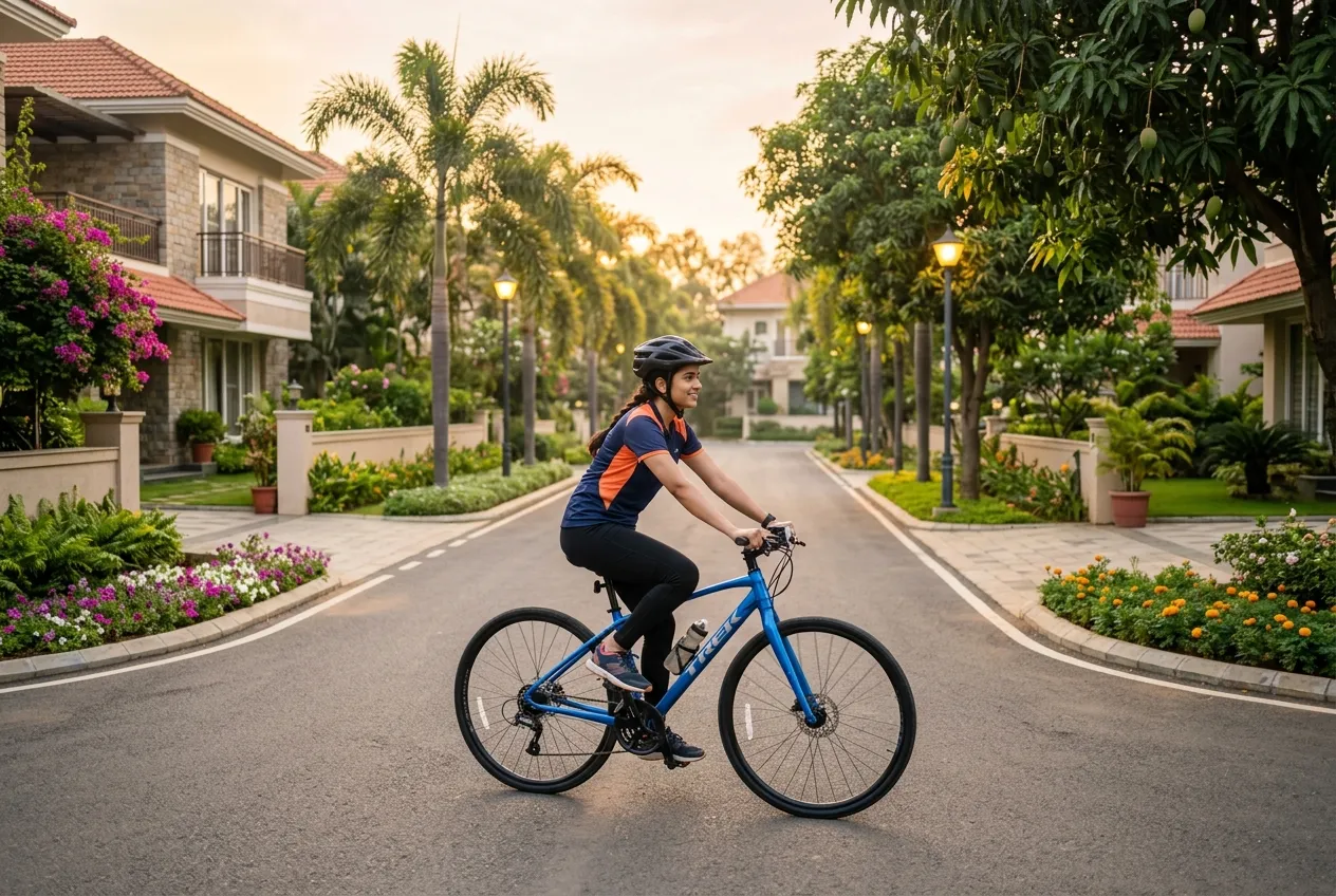 Impression of a resident cycling on a tree lined internal road at AeroVista