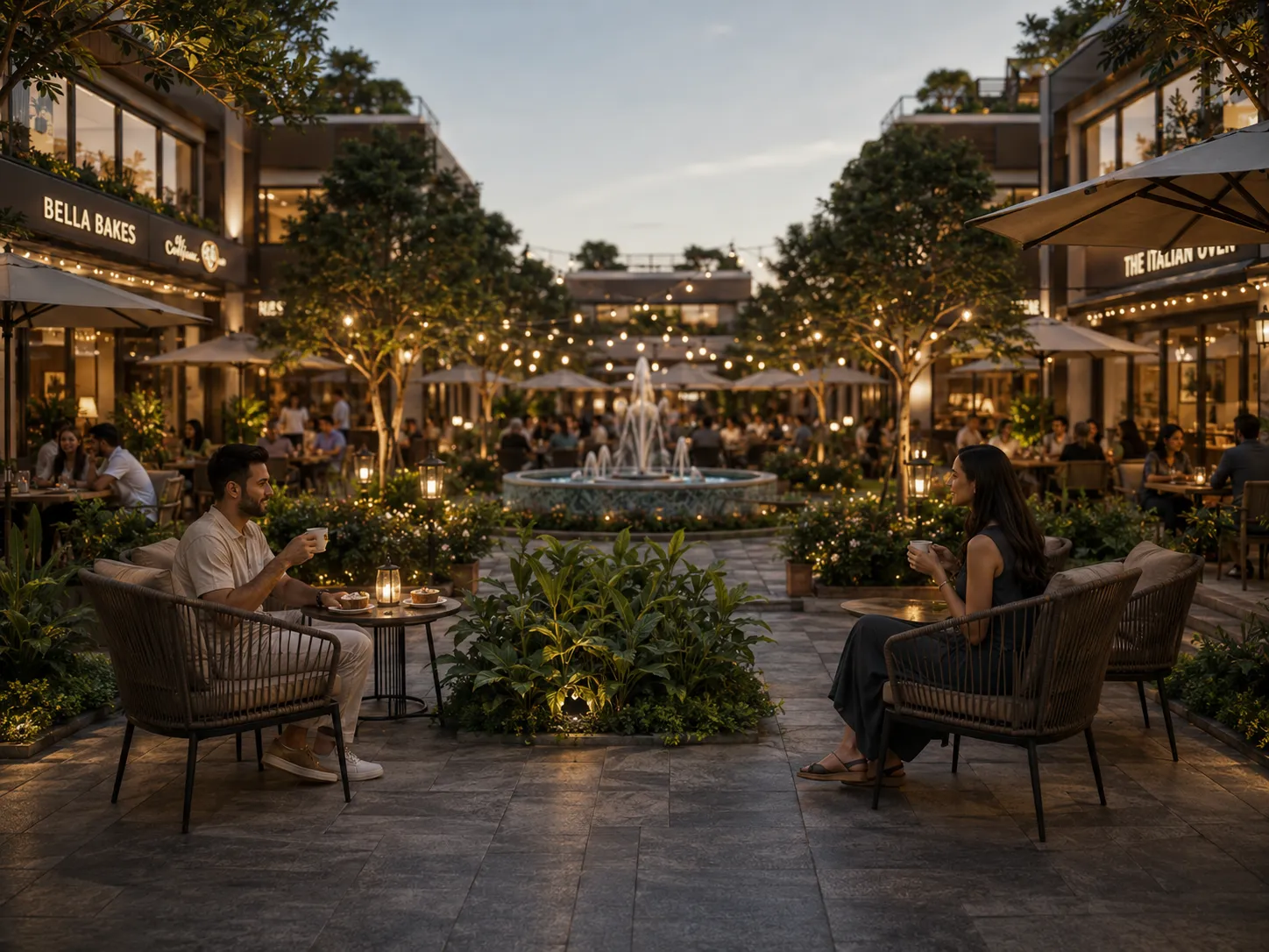 Impression of people at the central plaza of Flavour Town with seating and landscaping