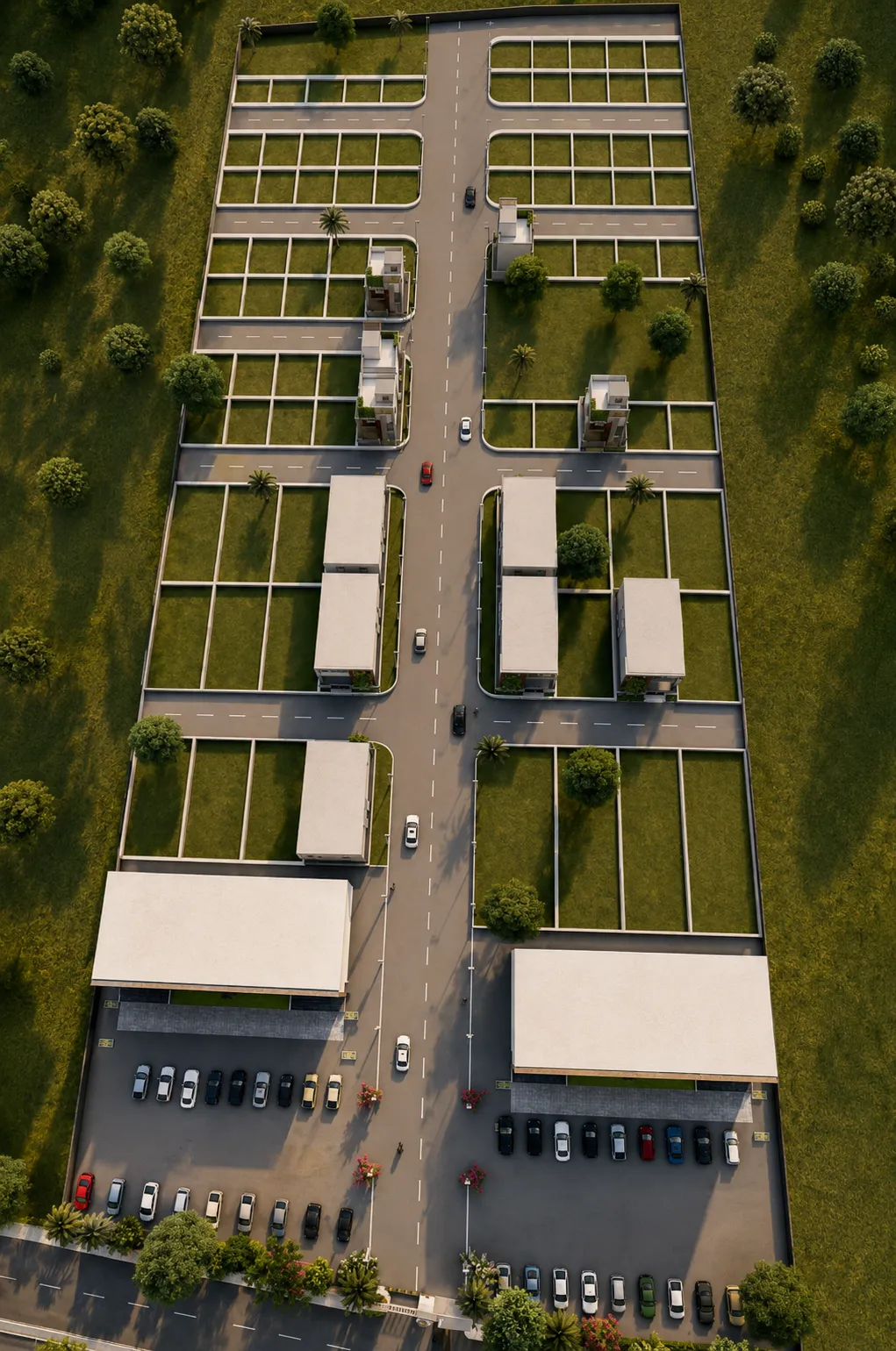 Aerial impression of the MoneyPlant township showing commercial shops at the front and residential plots behind