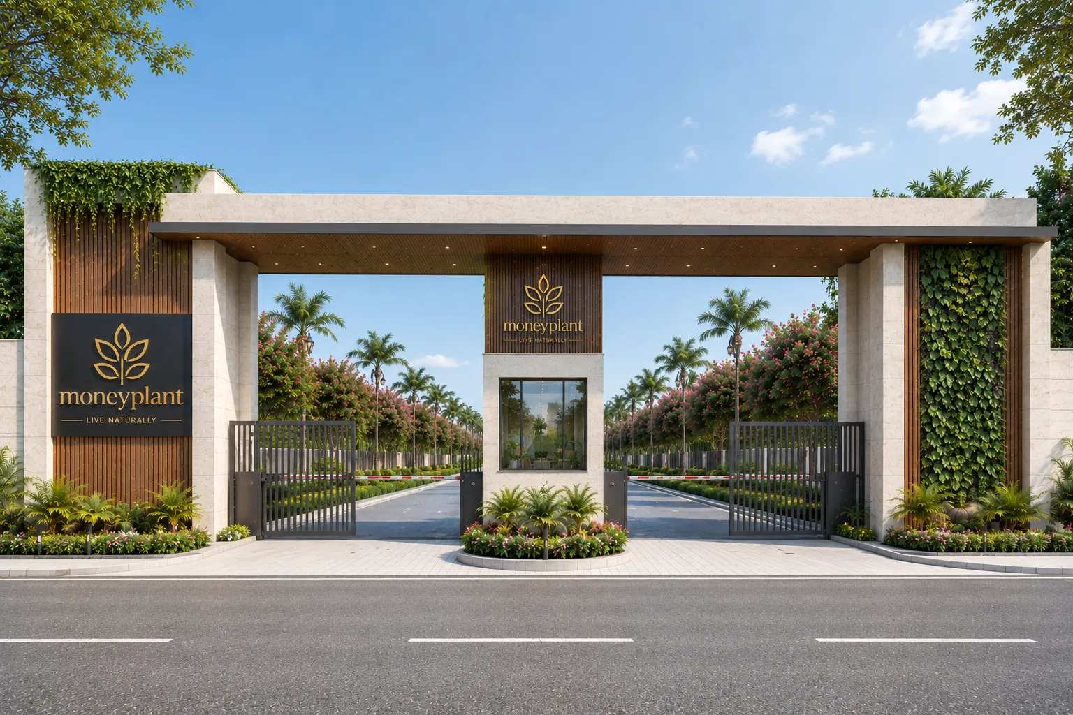 Artist impression of the entrance at MoneyPlant, a residential and commercial plots project in Dholera