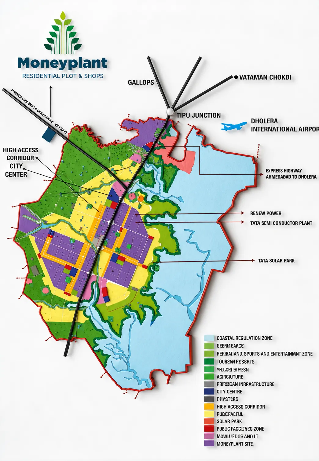 Location map showing MoneyPlant on the Dhandhuka state highway relative to Dholera SIR