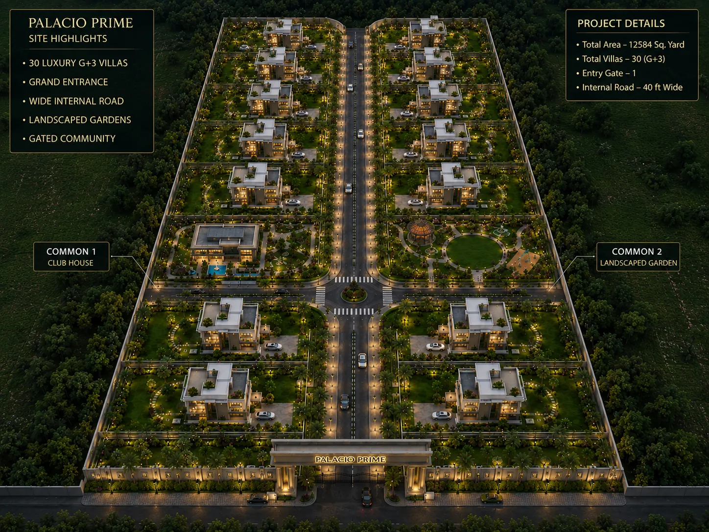 Aerial impression of the Palacio Prime gated community showing 32 land parcels along internal roads