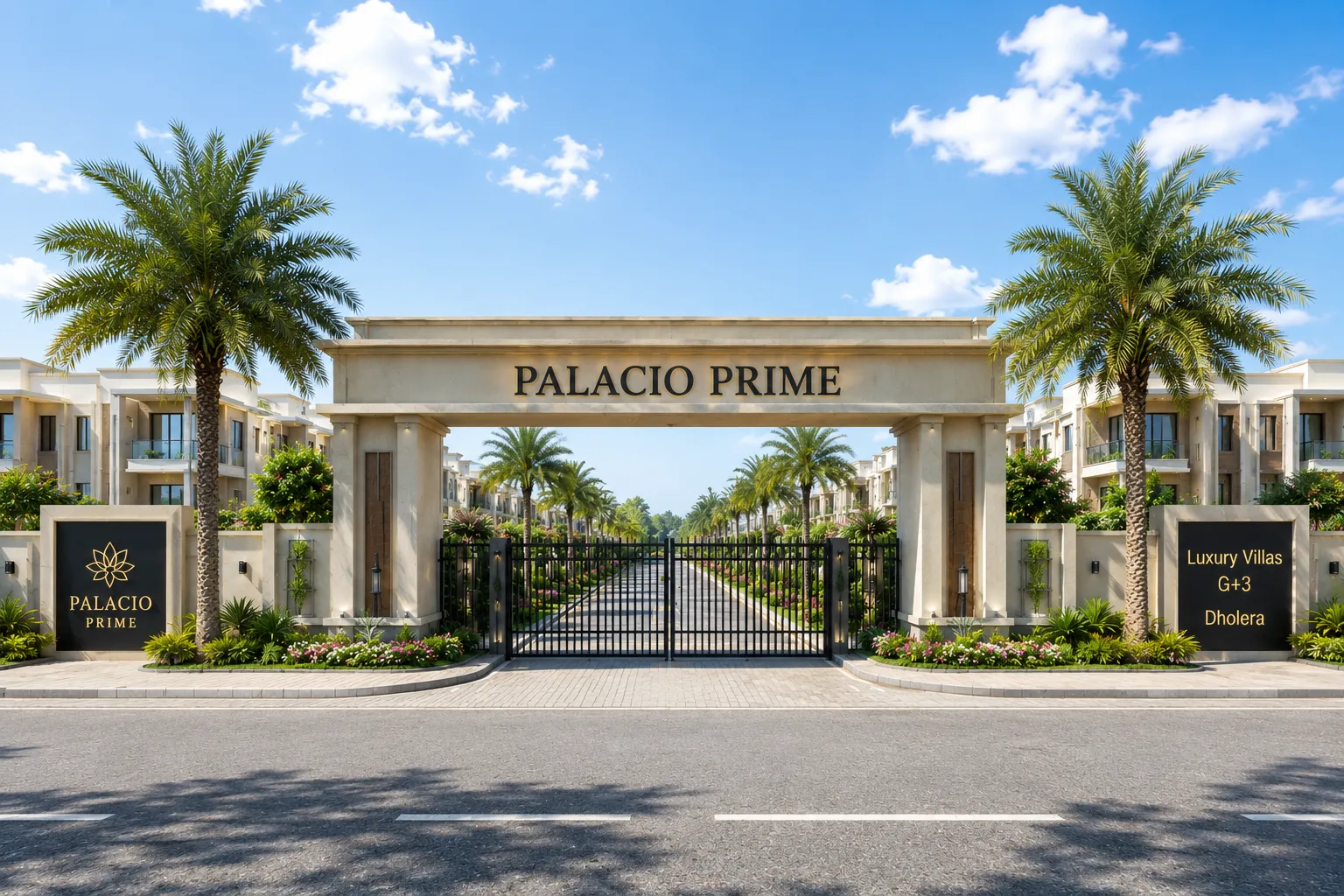 Artist impression of the entrance at Palacio Prime, a residential land parcels project in Dholera