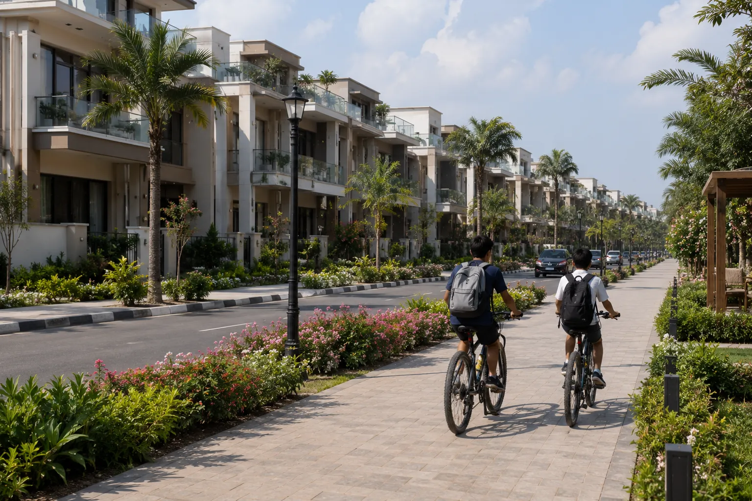 Impression of children cycling on an internal street inside Palacio Prime