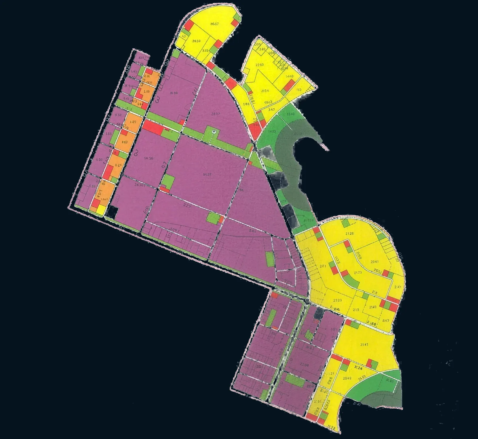 Town planning layout of the Activation Area, with industrial land in purple, residential in yellow and green open space along the river