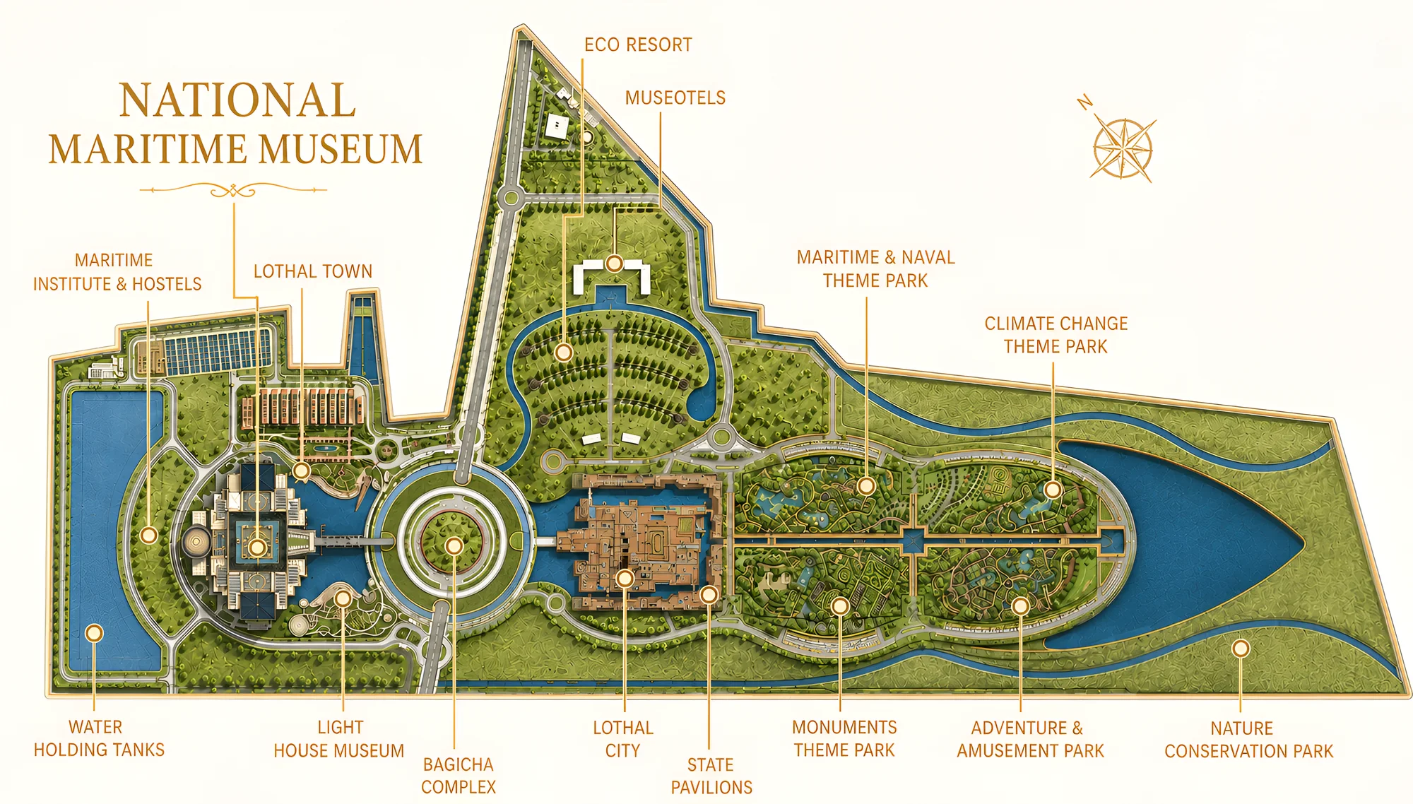 Masterplan of the National Maritime Heritage Complex at Lothal, with the museum, a recreated Lothal city, theme parks, a lighthouse museum, an eco resort and a nature conservation park around a long lake