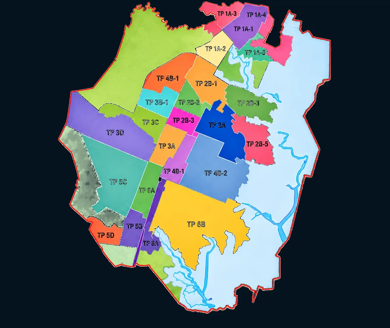 Map of Dholera SIR divided into town planning sub schemes, from TP 1A in the north to TP 6B in the south, each one labelled and coloured